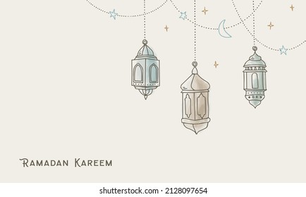 Garlands with hanging colorful arab lanterns, stars and lights. Greeting card, invitation for muslim holiday Ramadan Kareem. Party decoration. Hand drawn ector illustration background. Watercolor art.