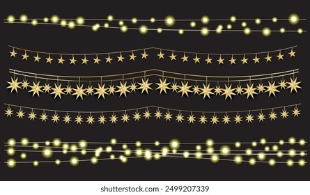 Garlands with hanging golden stars. Christmas neon lights on black background. Vector illustration. Xmas decoration. Carnival garland.