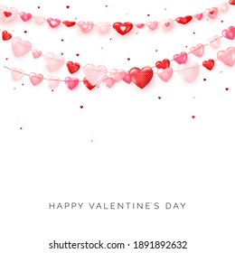 Garlands of hearts on white background. Valentine's day or wedding day decoration elements. Vector