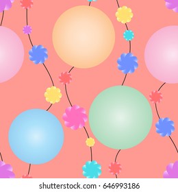 Garlands with huge multicolored beads and small flowers on an orange background. Seamless vector pattern for your design