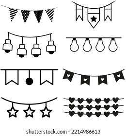 Juego de vectores de icono de Garlands. Colección de signos de ilustración de la fiesta de cumpleaños. Símbolo o logo del Festival de Navidad.