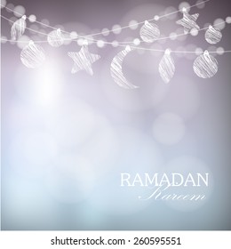 Garlands with moon, stars, lights, vector illustration background, card, invitation for muslim community holy month Ramadan Kareem