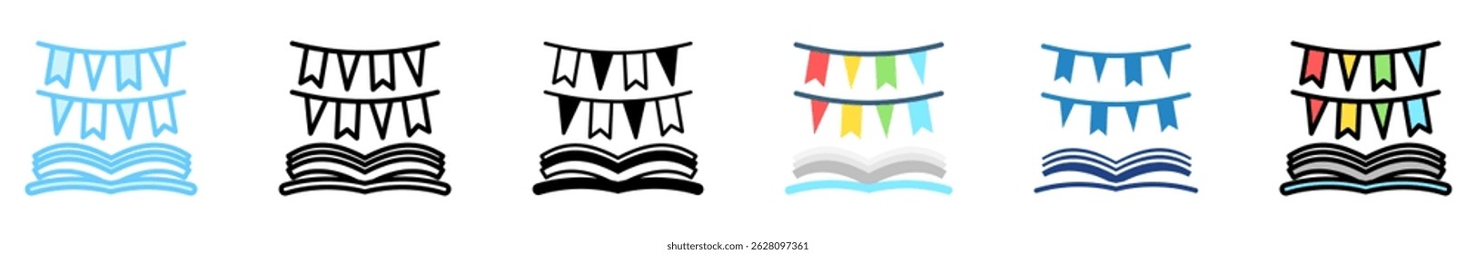 Garlands multi style, mini illustration icon set. outline, flat, glyph, line color. vector for UI, UX, app, web, digital or print, related to international literacy days, education.