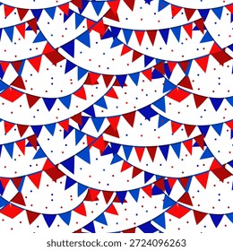 Guirnaldas de banderas multicolores y confeti sobre un fondo blanco. Patrón sin fisuras de Vector con guirnaldas de banderas multicolores y confeti sobre un fondo blanco.