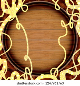 Garlands on a wooden surface. Wooden board. Yellow neon light. Merry Christmas. Vector art.