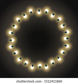 Garlands placed in circle, isolated empty banner with glowing bulbs. Decoration for Christmas and New Year celebration. Winter holidays bright decor, blank rounded shape. Lightbulbs frame for xmas