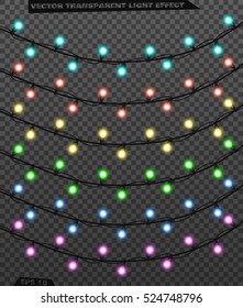 Garlands, realistic glowing garland Christmas decoration lights effects. Christmas decoration. Isolated vector design elements on a transparent background. Glowing lights on Christmas.