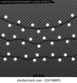 Garlands, realistic glowing garland Christmas decoration lights effects. Christmas decoration. Isolated vector design elements on a transparent background. Glowing lights on Christmas.