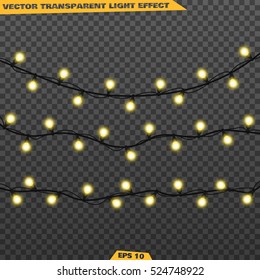 Garlands, realistic glowing garland Christmas decoration lights effects. Christmas decoration. Isolated vector design elements on a transparent background. Glowing lights on Christmas.