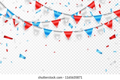 Garlands of red white blue flags. Blue, white and red foil confetti. Vector illustration.