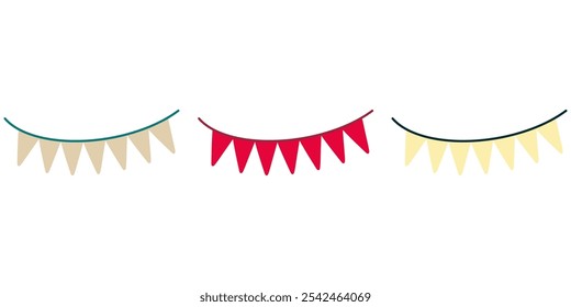 Garlands  with red and yellow flags. Vector illustration of  pennant for banners or greeting cards. Drawing of string for New Year invitations or party design.