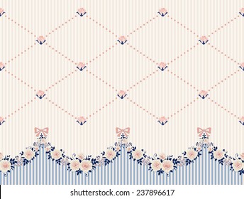 Garlands of Roses on a vintage striped background. Vector floral border, seamless horizontally pattern.