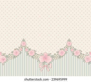 Garlands of Roses on a vintage striped polka dot background. Seamless  horizontally. Vector floral border.