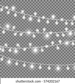 Garlands with round bulbs on dark transparent background. Christmas lights design elements with black ropes and light lamps. Vector illustration of festive holiday card with lightning objects