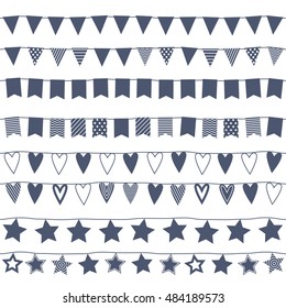 Garlands seamless horizontal borders set. Party new year christmas birthday decorations. Design with flags stars and hearts.