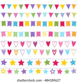 Garlands seamless horizontal borders set. Party new year christmas birthday decorations. Design with flags stars and hearts.