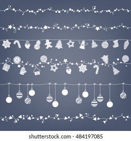 Garlands seamless horizontal borders set. Party new year christmas decorations. Cookies and christmas balls. Gingerbread man star santa snowflake tree and other holiday symbols. Vector illustration.