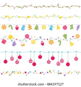Garlands seamless horizontal borders set. Party new year christmas decorations. Cookies and christmas balls. Gingerbread man star santa snowflake tree and other holiday symbols. Vector illustration.