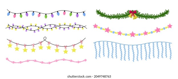 Garlands set. Hanging festive decorations isolated. Light bulbs and tree ornaments. Vector garland collection