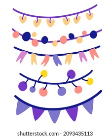 Garlands set. Hanging festive decorations isolated. Light bulbs, flags and flashlights. Birthday party decorations. Cartoon holiday elements. Hand draw vector illustration. 