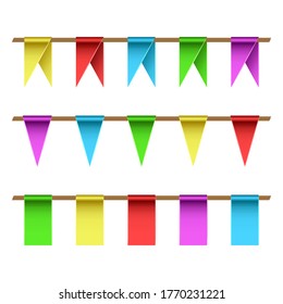 Garlands set of multi-colored flags on a straight rope, triangular and rectangular shape decor for a children is holiday realistic vector illustration