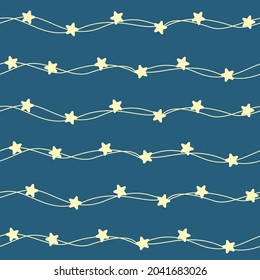 Garlands with stars on a blue background seamless pattern. Background with shining festive illumination. Christmas and New Year template for packaging, fabric and decor.