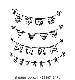 Garlands with tassels, flags doodle set. DIY holiday garland. Home party decoration. Vector hand drawn illustration isolated