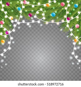 Garlands and tree branches with christmas balls on transparent background.