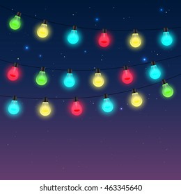 Garlands of varicolored light bulbs against a dark night starry sky - vector illustration
