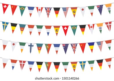 Garlands with various international pennants on a white background 