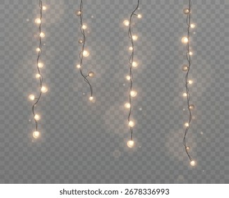 Garlands with vertical warm yellow lights on a transparent background. Festive decoration for New Year's and Christmas designs.