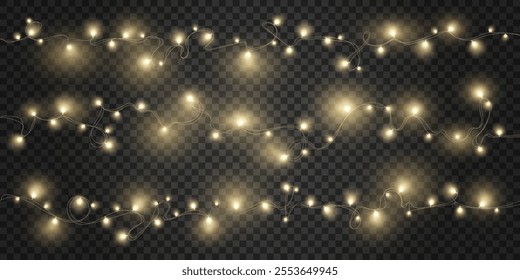 Garlands with Warm glowing lights set elements on a transparent background for Christmas Holiday. String of golden lights set.Festive garlands of bright LED lights. Illuminated holiday border. Vector 