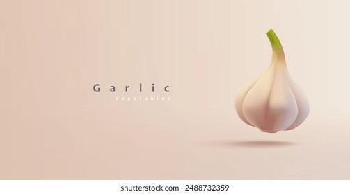 Garlic, 3D. Head of garlic for farm organic products, condiments, spices, and cooking concepts. Vector illustration.