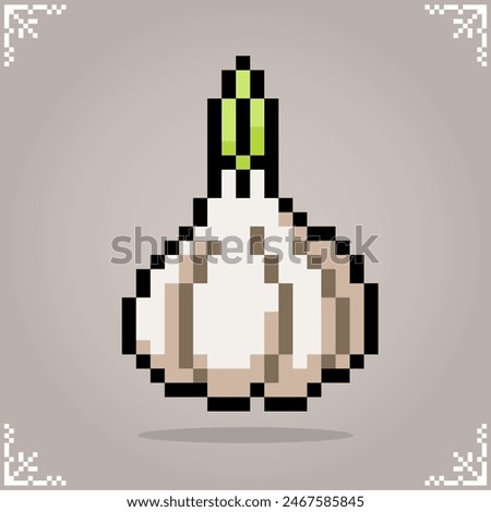 Garlic in 8 bit pixel art. Vegetables for game assets and cross stitch patterns in vector illustrations.