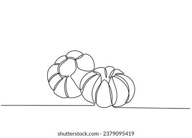 garlic accompanied by garlic slices in continuous line art drawing style. Single line concept of garlic and onion slices in doodle style on white background. Vector