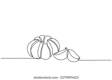 garlic accompanied by garlic slices in continuous line art drawing style. Single line concept of garlic and onion slices in doodle style on white background. Vector