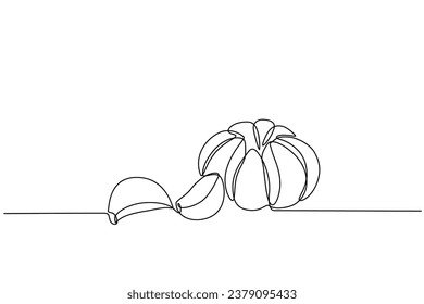 garlic accompanied by garlic slices in continuous line art drawing style. Single line concept of garlic and onion slices in doodle style on white background. Vector
