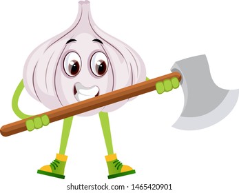 Garlic with big axe, illustration, vector on white background.