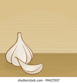 Garlic bulb with clove icons with woodcut shading on beige background.