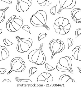 Garlic bulb and garlic clove seamless pattern in linear style. Vector illustration. Healthy food background.