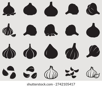 Garlic bulb and clove silhouette vector set for organic food packaging, culinary menu design, kitchen decor, and spice labels. High quality black icons in EPS 10 format for spicy branding.