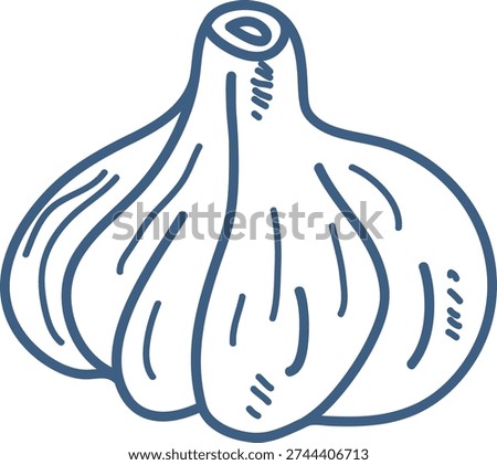 Garlic bulb with cloves and contour hatch, rustic hand-drawn look. Symbol of Mediterranean cooking, aroma, authenticity, and dolce vita cuisine. Cartoon vector illustration.