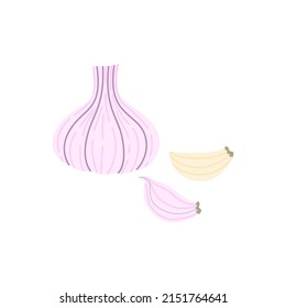 Knoblauch, Glühbirne und Wolken, flach, einzelne auf weißem Hintergrund. Gemüsemarktmenü. Gesunde Ernährung und vegetarische Ernährung