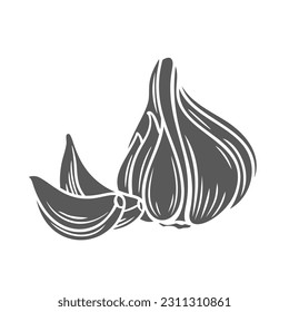 Bombilla de ajo y tapa la ilustración vectorial del icono de glifo. Sello de especias y condimentos aromáticos, verduras frescas e ingredientes alimentarios para cocinar, cosecha de ajo orgánico de huerto agrícola