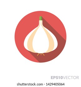 Garlic bulb flat design round icon. Color symbol of spices and seasoning. Long shadow vector illustration in a circle isolated on white background.