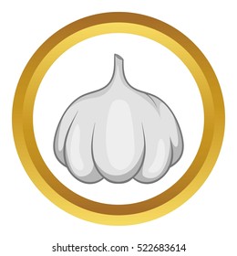 Garlic bulb vector icon in golden circle, cartoon style isolated on white background