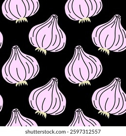 Garlic bulbs pattern design on a black background featuring soft pink tones and detailed outlines