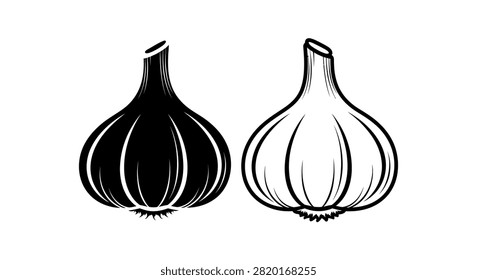 Garlic Bulbs Silhouette On White Background Two Variations
