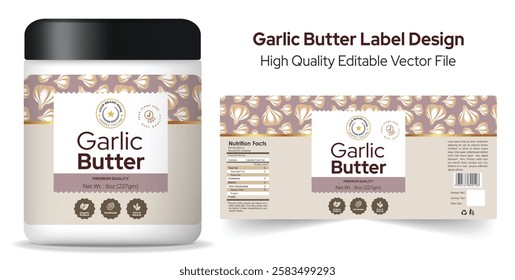 Garlic Butter Label Design, Salted butter dairy product label template design, Editable product label with mockup, packaging design layout, premium garlic butter label with icon graphic and pattern