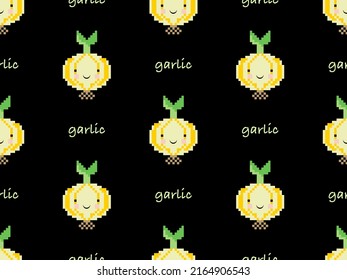 Garlic cartoon character seamless pattern on black background. Pixel style.